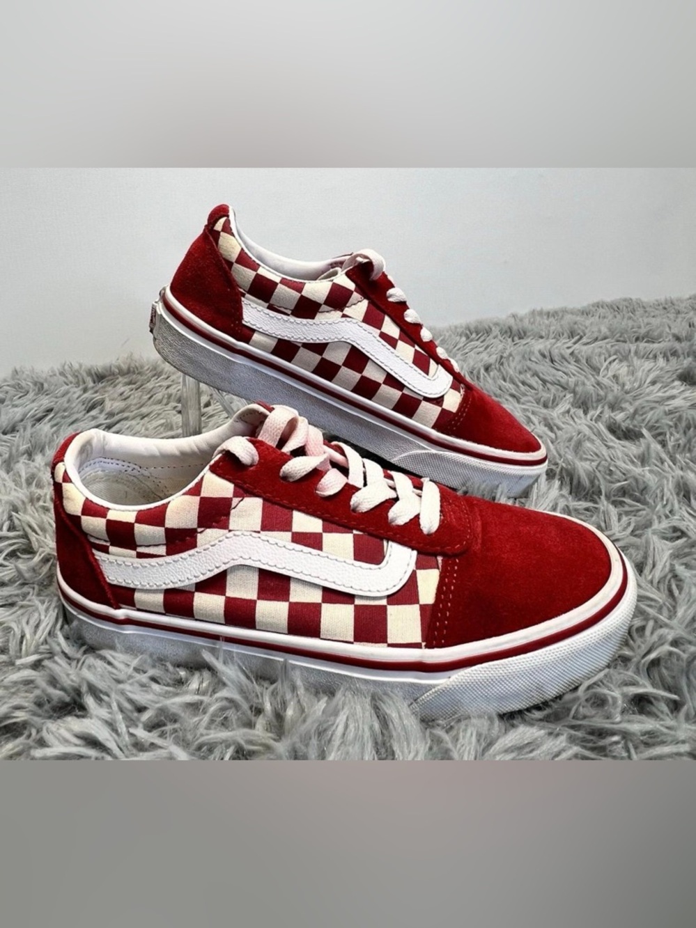 Vans Old Skool Mix Checkered Red Suede Canvas Women Sz 5.5